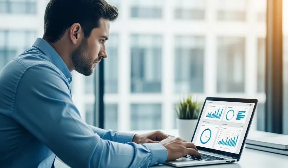 A businessman analyzing financial growth metrics on a laptop using B2B embedded insurance platforms.