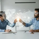 Two businessmen reviewing global growth trends driven by b2b fintech on a digital display.