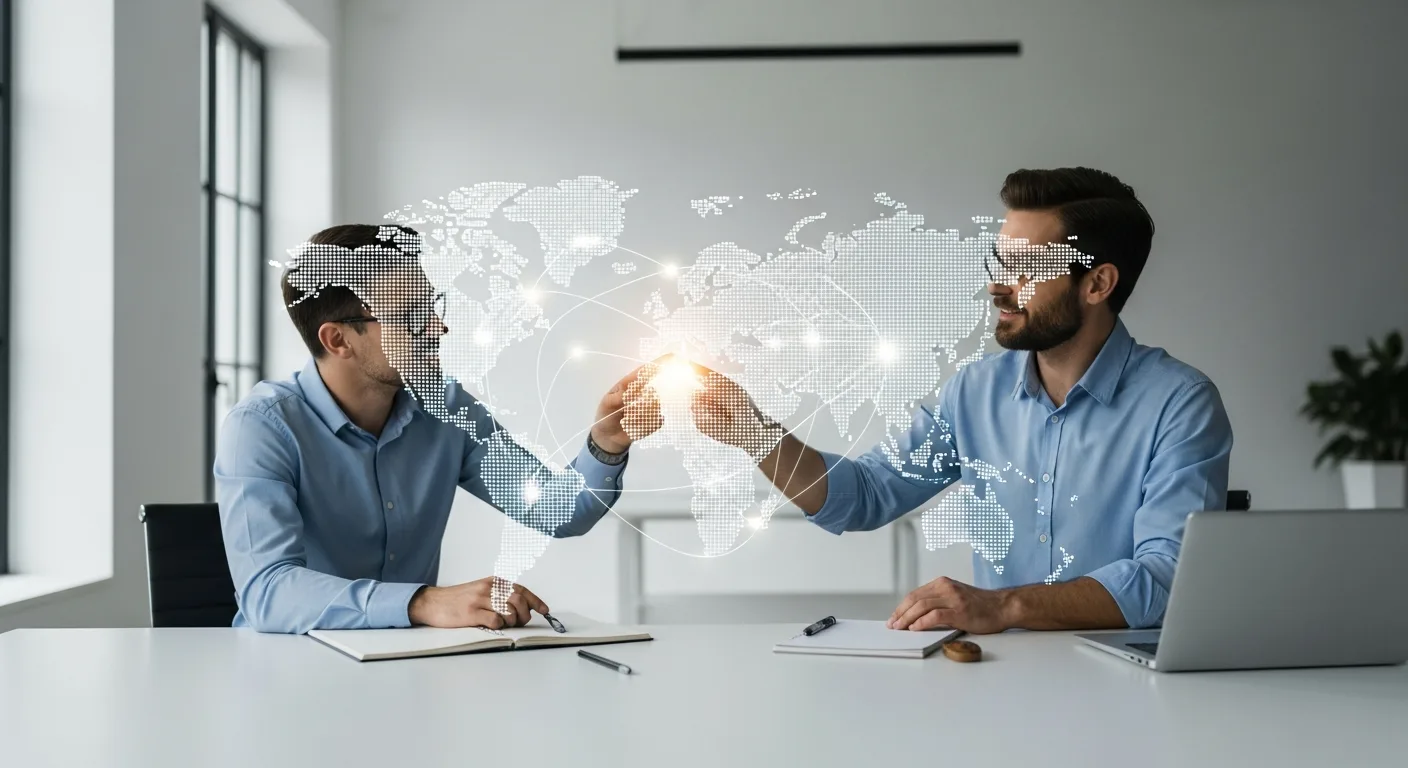 Two businessmen reviewing global growth trends driven by b2b fintech on a digital display.
