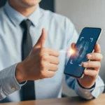 A man using facial recognition, illustrating biometric authentication trends in mobile banking on a sleek smartphone.