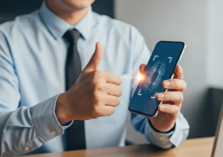 A man using facial recognition, illustrating biometric authentication trends in mobile banking on a sleek smartphone.