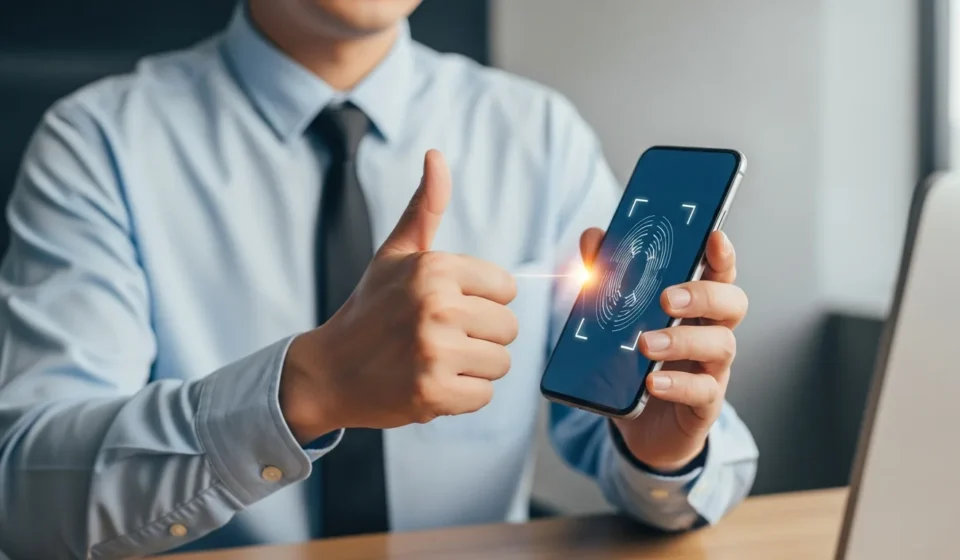 A man using facial recognition, illustrating biometric authentication trends in mobile banking on a sleek smartphone.