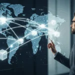 Conceptual visualization of blockchain interoperability for cross-chain finance showing connected digital nodes.