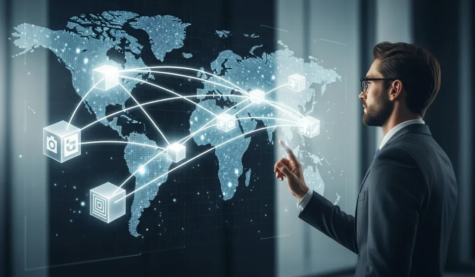 Conceptual visualization of blockchain interoperability for cross-chain finance showing connected digital nodes.