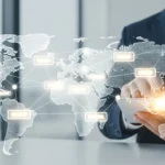 Blockchain trade finance letter of credit automation visualized through digital ledger technology on a tablet.
