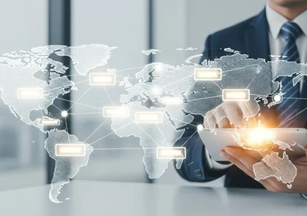 Blockchain trade finance letter of credit automation visualized through digital ledger technology on a tablet.