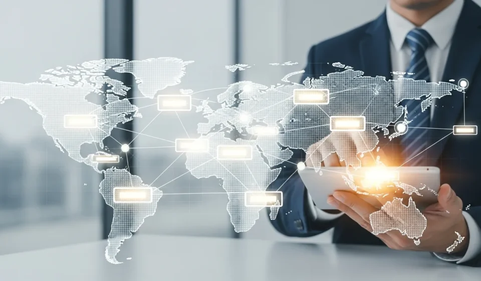 Blockchain trade finance letter of credit automation visualized through digital ledger technology on a tablet.