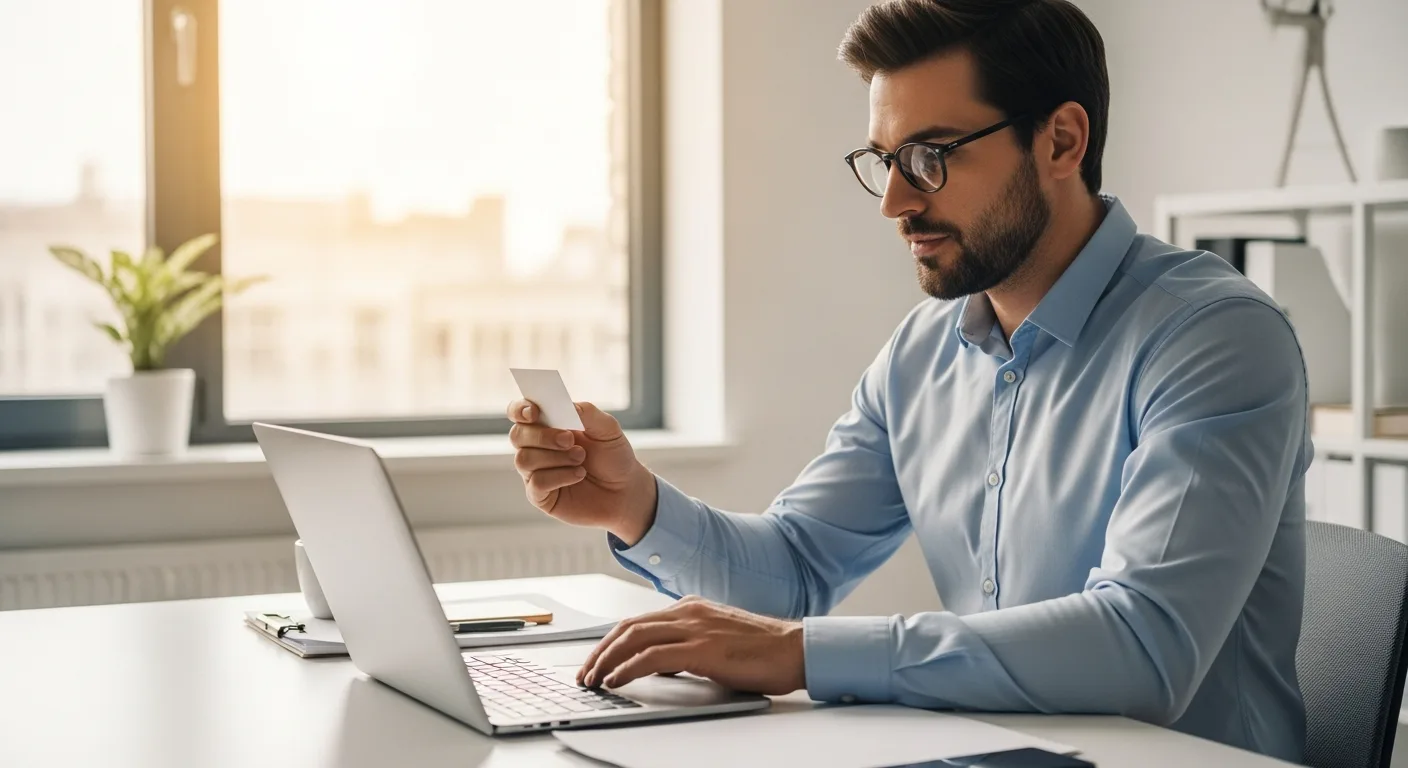 A professional man using a sleek business card, demonstrating how card issuing fintech scales modern company operations.