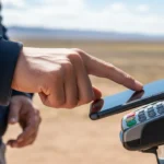 Man using central bank digital currency offline payment capability via smartphone at a remote checkout.