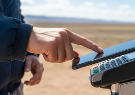 Man using central bank digital currency offline payment capability via smartphone at a remote checkout.