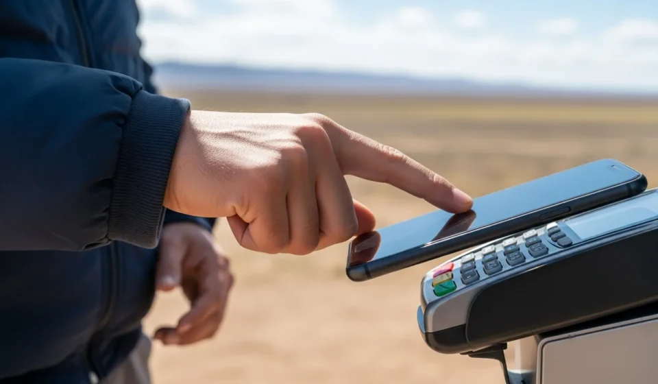 Man using central bank digital currency offline payment capability via smartphone at a remote checkout.