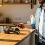 A man using his smartphone to demonstrate central bank digital currency retail use cases at a modern cafe.