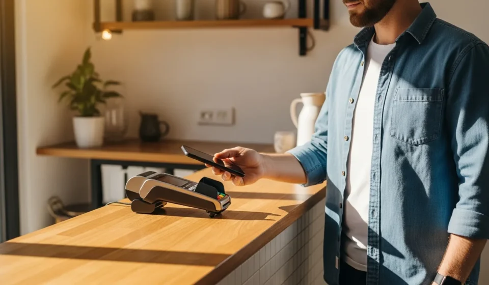 A man using his smartphone to demonstrate central bank digital currency retail use cases at a modern cafe.