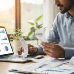 A Concur fintech company overview showcasing digital expense management tools on a laptop in a modern office.