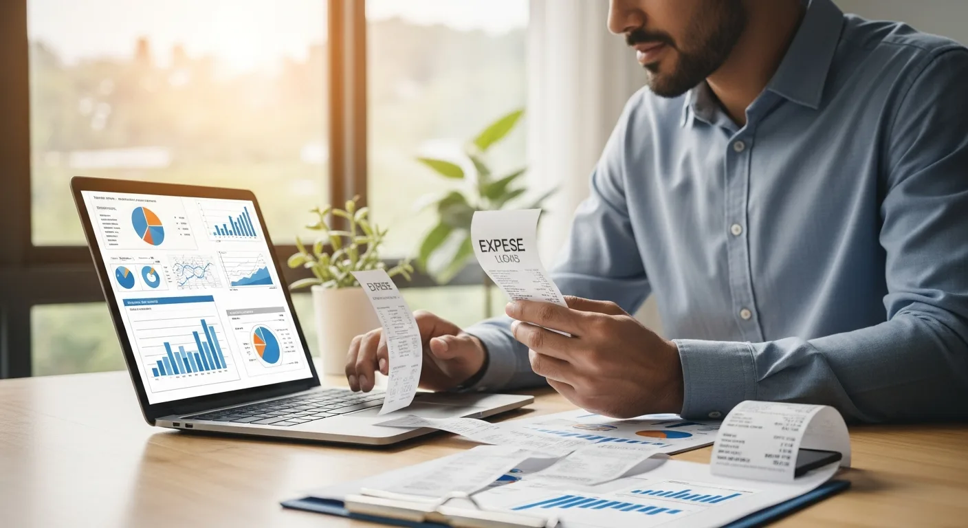 A Concur fintech company overview showcasing digital expense management tools on a laptop in a modern office.
