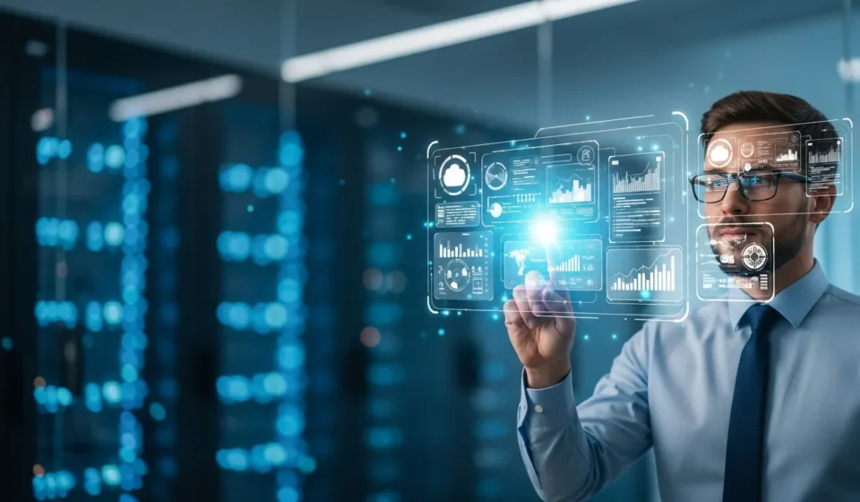 Visualizing core banking modernization cloud-native migration with digital data and cloud icons.