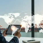 Businessman tracking global trade through cross-border stablecoin payment corridors on a digital interface.