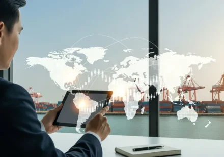 Businessman tracking global trade through cross-border stablecoin payment corridors on a digital interface.