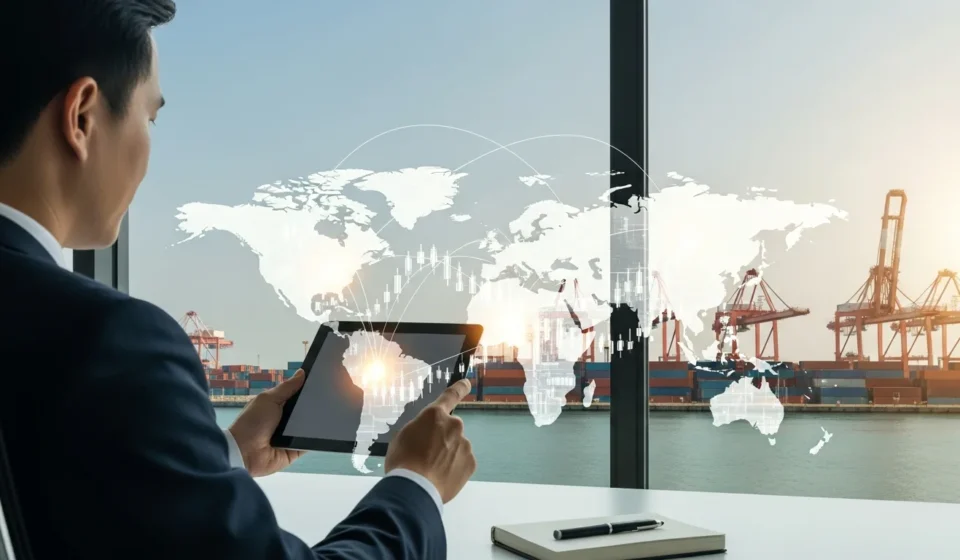 Businessman tracking global trade through cross-border stablecoin payment corridors on a digital interface.