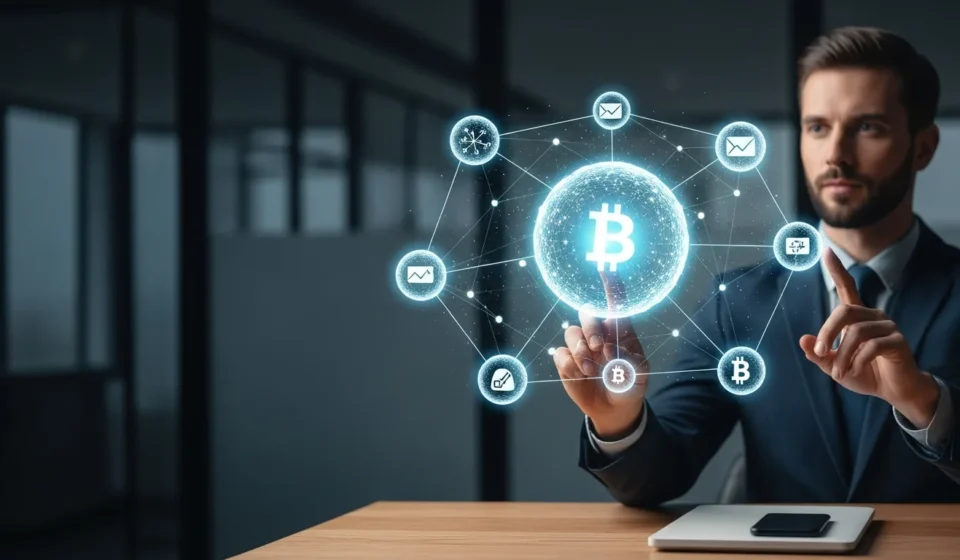Conceptual 3D visualization of cross-chain DeFi interoperability protocols linking diverse blockchain liquidity pools.