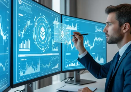 A professional man reviewing digital data for crypto exchange compliance MiCA licensing in a modern office.