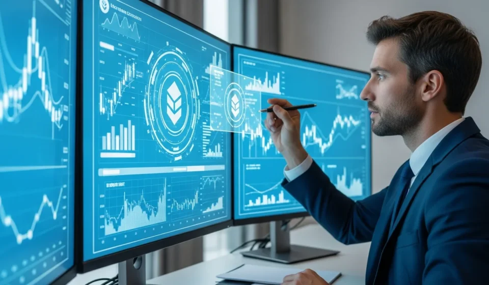 A professional man reviewing digital data for crypto exchange compliance MiCA licensing in a modern office.