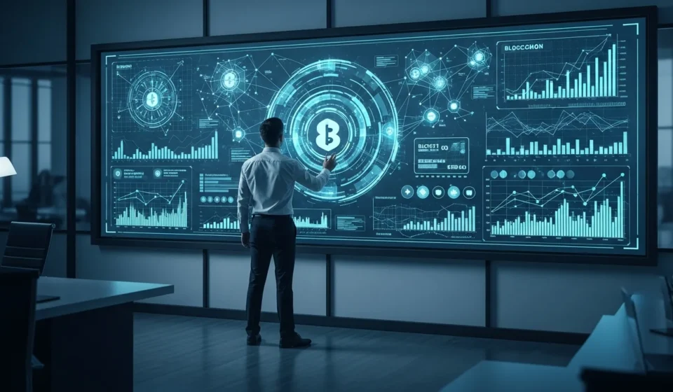 A professional analyzing DeFi institutional adoption strategies 2026 on a high-tech financial dashboard.