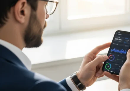 Man using a digital banking app UX personalization AI interface on a modern smartphone.