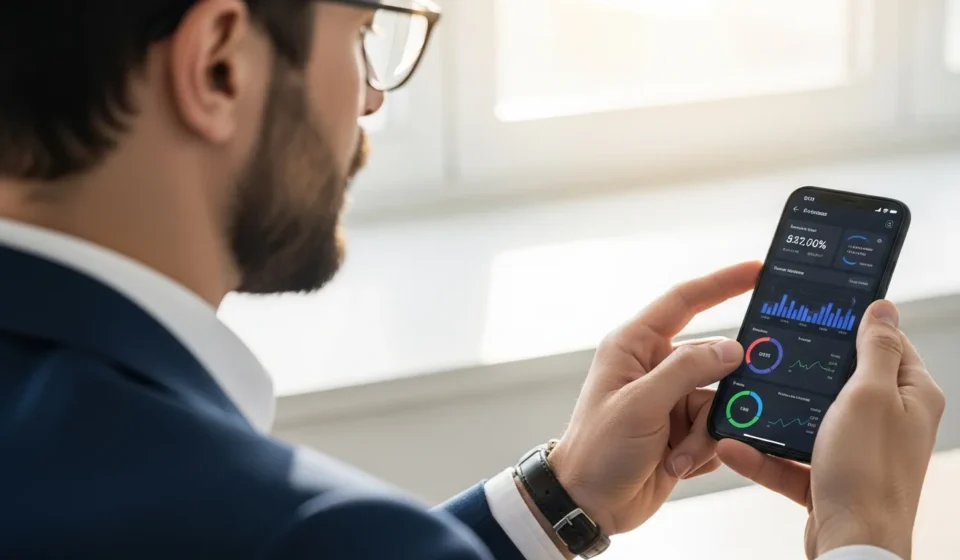 Man using a digital banking app UX personalization AI interface on a modern smartphone.