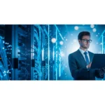 A professional man managing digital banking infrastructure cloud migration in a modern 2026 data center.