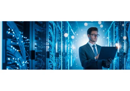 A professional man managing digital banking infrastructure cloud migration in a modern 2026 data center.