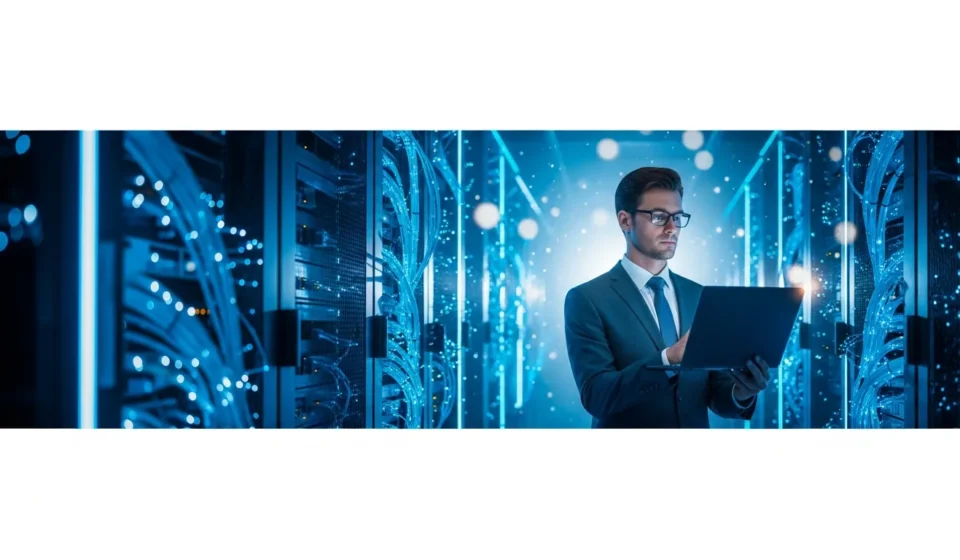A professional man managing digital banking infrastructure cloud migration in a modern 2026 data center.