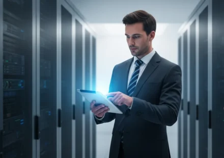 Why Digital Banking Migration is No Longer Optional for Legacy Cores? A professional overseeing a digital banking migration legacy core transformation in a modern data center.
