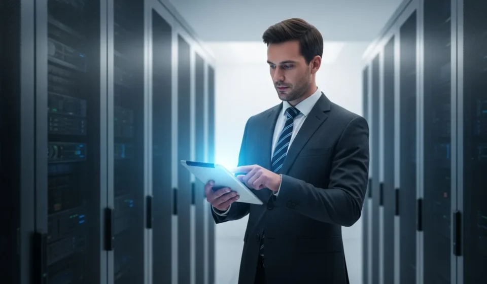Why Digital Banking Migration is No Longer Optional for Legacy Cores? A professional overseeing a digital banking migration legacy core transformation in a modern data center.