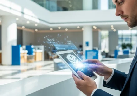 Visualizing digital banking security zero-trust architecture through multi-layered authentication on a tablet.