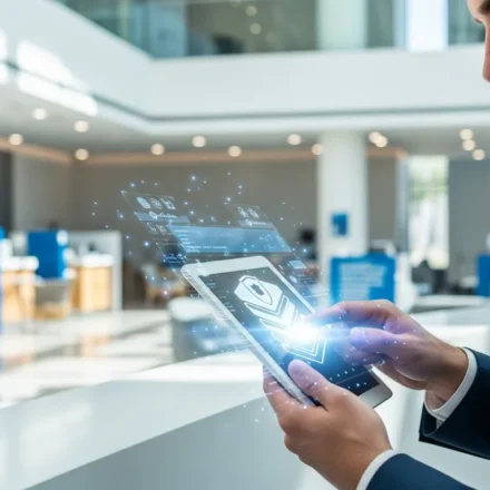 Visualizing digital banking security zero-trust architecture through multi-layered authentication on a tablet.