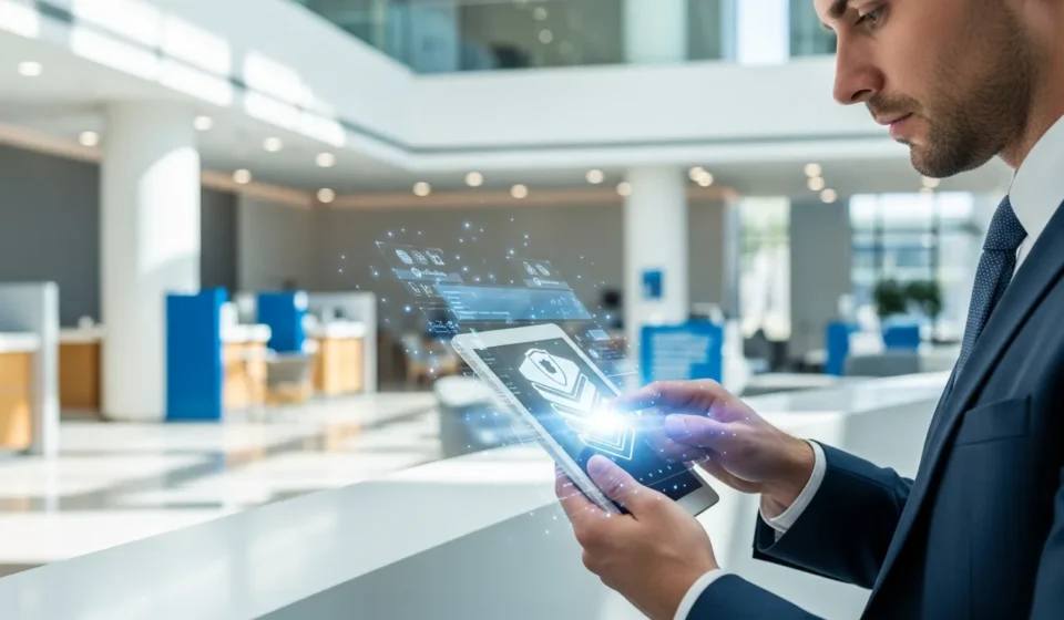 Visualizing digital banking security zero-trust architecture through multi-layered authentication on a tablet.