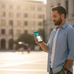 Why Organic SEO is the Only Sustainable Fintech Acquisition Strategy in 2026 A man using a smartphone for digital currency programmable government subsidy disbursement in a modern city.