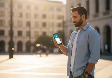 How Can Digital Currency Programmable Government Subsidy Disbursement Transform Public Welfare? A man using a smartphone for digital currency programmable government subsidy disbursement in a modern city.