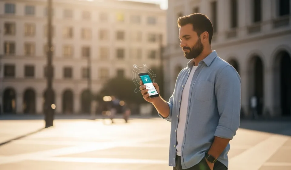 A man using a smartphone for digital currency programmable government subsidy disbursement in a modern city.