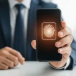 A man using digital identity biometric wallet authentication on a smartphone for secure access.