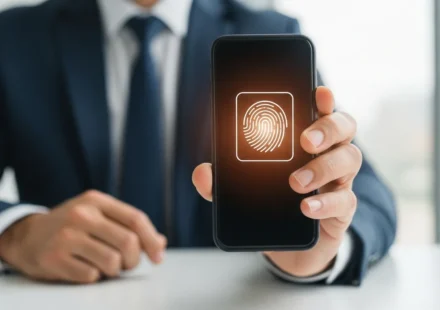 A man using digital identity biometric wallet authentication on a smartphone for secure access.