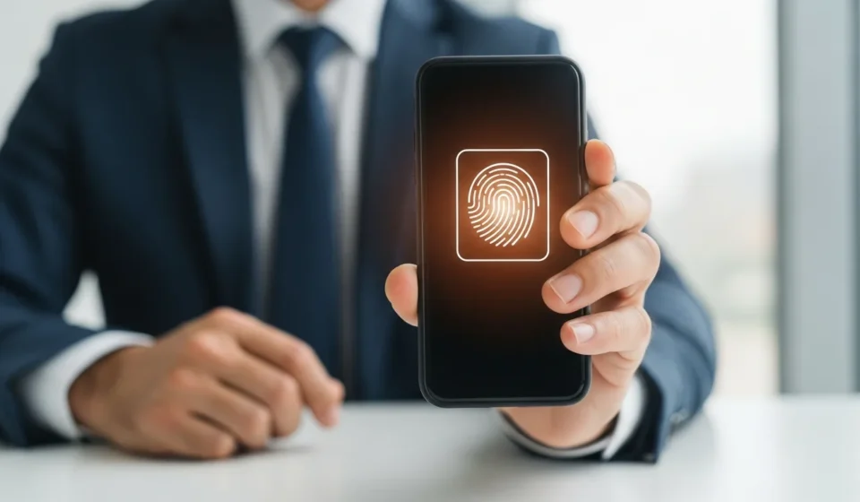 A man using digital identity biometric wallet authentication on a smartphone for secure access.