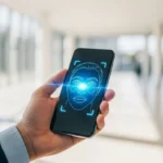 A man using digital identity verification for neobanks on a smartphone with a secure biometric interface.