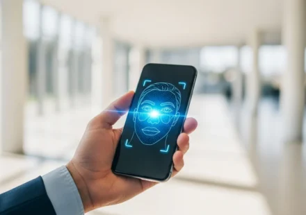 A man using digital identity verification for neobanks on a smartphone with a secure biometric interface.