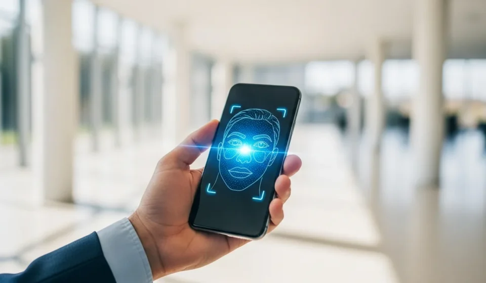 How Do Neobanks Verify Identity Instantly Without Risking Security? A man using digital identity verification for neobanks on a smartphone with a secure biometric interface.