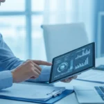 A professional man using digital lending platform underwriting automation to analyze real-time credit data.