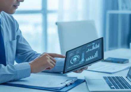 A professional man using digital lending platform underwriting automation to analyze real-time credit data.