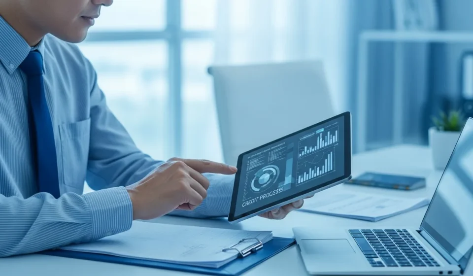 A professional man using digital lending platform underwriting automation to analyze real-time credit data.