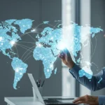 Visualizing digital yuan e-CNY cross-border payment corridors connecting global trade hubs on a high-tech map.